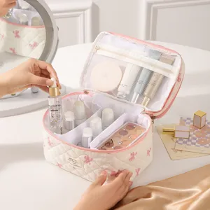 Detailansicht einer offenen, gesteppten Kosmetiktasche mit rosa Schleifenmustern