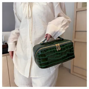 Elegant large capacity dark green croc-embossed cosmetic travel bag for toiletries
