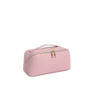 Elegante roze geweven reismake-uptas met dubbele rits en stevige bovenhandgreep