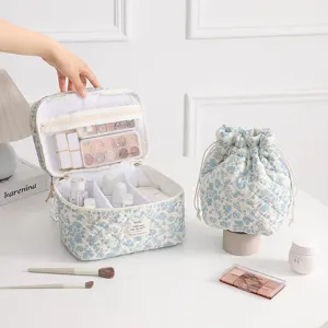 Detailed view of floral quilted makeup bag set showing spacious interior compartments