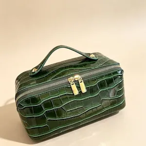 Elegant dark green crocodile pattern large travel makeup bag with premium gold zipper