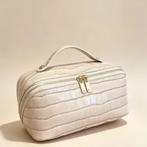 Large capacity cream crocodile pattern cosmetic bag with gold-tone double zippers