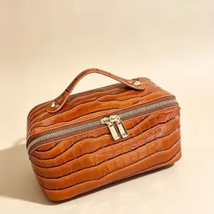 Premium brown crocodile pattern large capacity cosmetic bag with double gold zippers