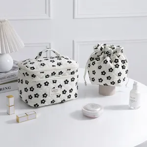 Elegant quilted floral makeup bag set with drawstring pouch for travel organization