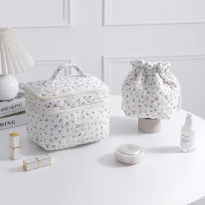 Fresh cherry print quilted makeup bag set with drawstring pouch and handle bag