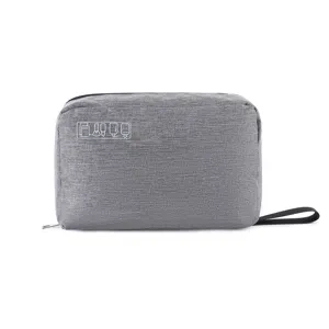 Neceser de viaje portátil gris con iconos blancos y asa de transporte muy resistente