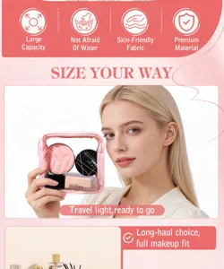 Model holding a pink transparent cosmetic bag showing various makeup items inside