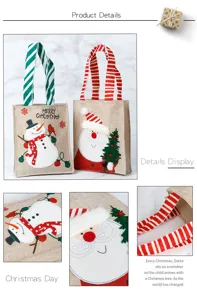 Detailed view of Santa and Snowman Christmas burlap gift bags with striped handles.