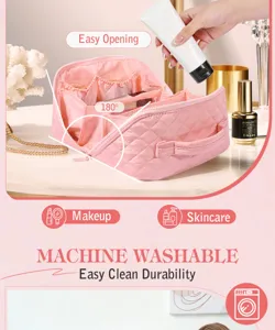 Pink quilted makeup bag detail showing machine washable fabric and 180 degree opening