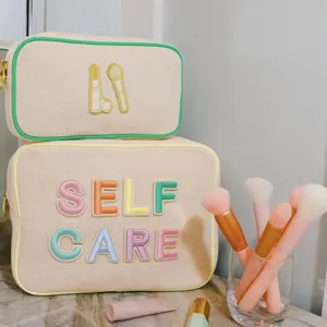 Portable Large Capacity Canvas Makeup Bag Urban Minimalist DIY Embroidered Alphabet Patch Cosmetic Organizer For Travel Unisex