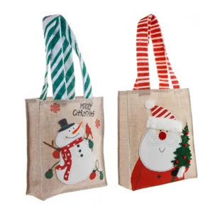 Christmas burlap gift bags with Santa and Snowman designs for holiday candy packing