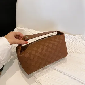 Neceser de Cuero PU Vintage de Tablero de Ajedrez Gran Capacidad Portátil Bolsa de Aseo de Viaje Bolso para Mujer Almacenamiento de Maquillaje