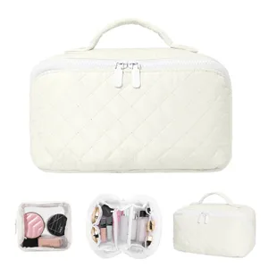 Large capacity quilted white portable cosmetic bag for travel with handle and zipper