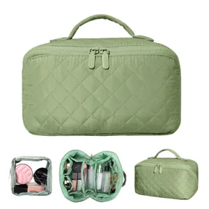 Large capacity green quilted cosmetic bag for travel with handheld organizer strap