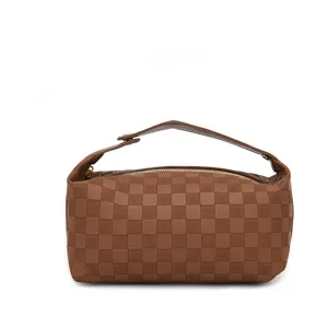 Bolsa de cosméticos vintage de cuero PU a cuadros marrón con asa para viajes diarios