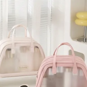 Portable Double Layer Toiletry Bag Large Capacity PU PVC Waterproof Cosmetic Makeup Organizer With Handle For Women Travel