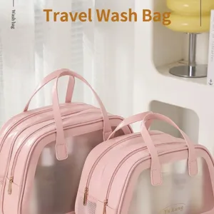 Pink double-layer travel toiletry bag with large capacity and a clear window