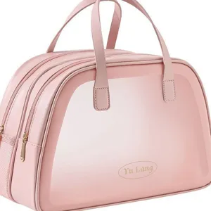 Large capacity pink travel toiletry bag with double layer and clear front panel