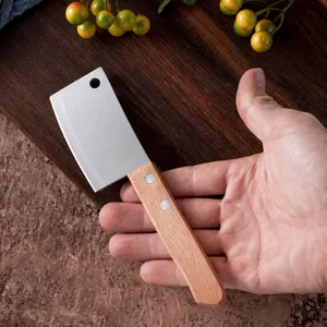 Mini cleaver knife detail close-up, portable cute fruit knife box cutter with wooden handle.