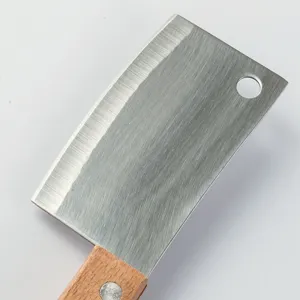Mini stainless steel cleaver knife detail showing sharp metal blade and wooden handle.