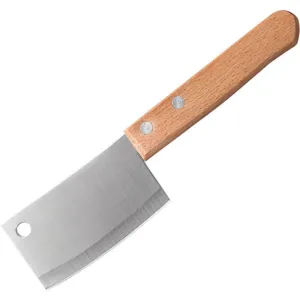 Mini stainless steel cleaver knife detail, wooden handle with dual rivets, sharp blade close-up.