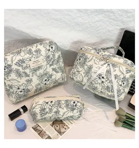 Set of three floral quilted cotton cosmetic bags in various sizes for travel use