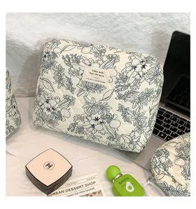 Detailed view of quilted cotton makeup bag featuring blue floral prints on cream base