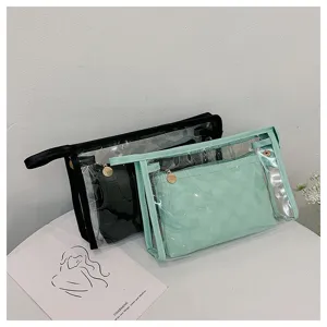 Professional clear PVC travel makeup bag 2-piece set with checkered inner pouch.