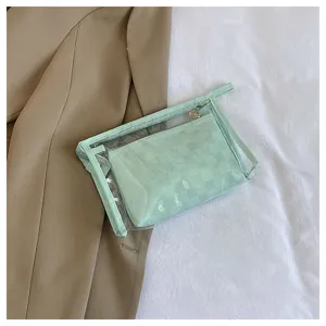 Modern mint green two-piece PVC travel makeup bag set featuring checkered inner pouch