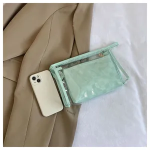 Detail of mint green PVC 2-piece cosmetic bag set with checkerboard inner pouch