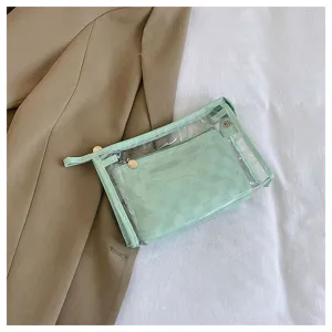 Macro view of mint green PVC 2-piece travel cosmetic bag set with checkered pouch