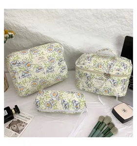 Set of three floral quilted cotton makeup bags in various sizes for travel storage