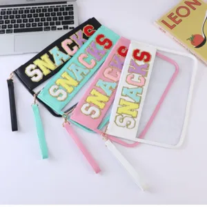 Transparent PVC Makeup Bag Chenille Embroidery Letter SNACKS Zipper Toiletry Bag Portable Travel Organizer Case For Women