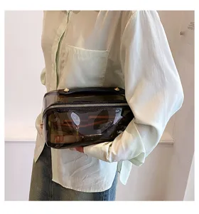 Detailed macro shot of a stylish transparent dark gray makeup bag held by a model