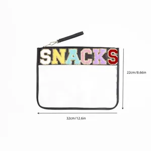 Large transparent PVC makeup pouch with colorful SNACKS embroidery and wrist strap