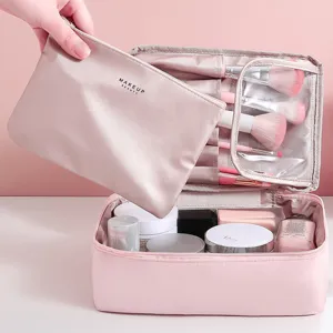 Ins Style Portable Polyester Waterproof Makeup Bag For Women Large Capacity Cosmetic Storage Bag With Brush Slots Travel Wash Bag