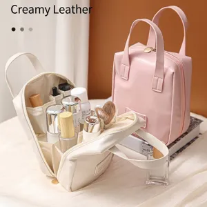 Portable large capacity faux leather shell cosmetic bag in pink and creamy white for travel