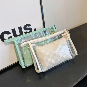 Portable 2-piece PVC transparent travel makeup bag set with checkered inner pouch