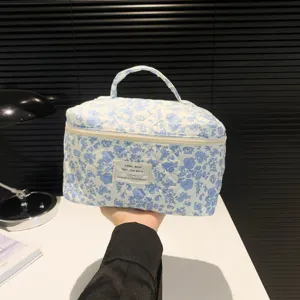 Detail of blue floral quilted cotton cosmetic bag with portable handle