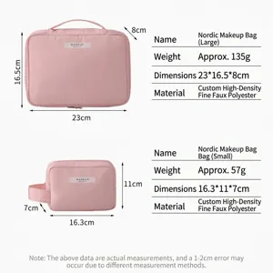 Pink portable makeup bag set in large and small sizes for travel toiletry organization
