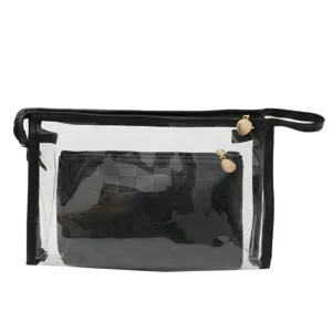 Two-piece clear PVC travel cosmetic bag set featuring a black checkered inner organizer pouch