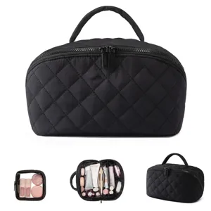 Premium black quilted cosmetic travel bag with handle and clear internal storage pouch
