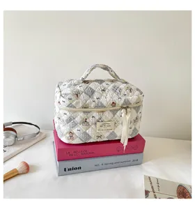 Large quilted bubble fabric cosmetic bag with cute bear print and handle