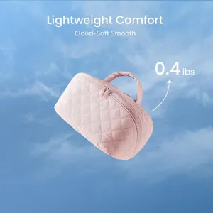 Detail of a lightweight 0.4 lbs pink quilted makeup bag showing soft texture and handle