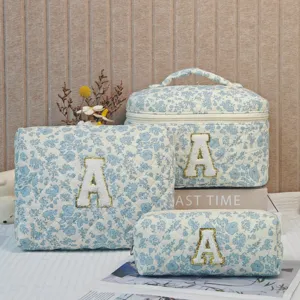 Quilted Cotton Floral Makeup Bag Set With Letter Embroidery Portable Cosmetic Pouch Large Capacity Travel Wash Organizer Case