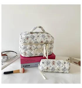 Detailed view of quilted bubble fabric makeup bags in a cozy desktop setting