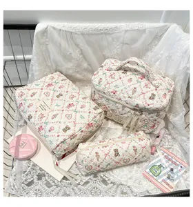Detail view of quilted toiletry bag set with cute bear and heart prints