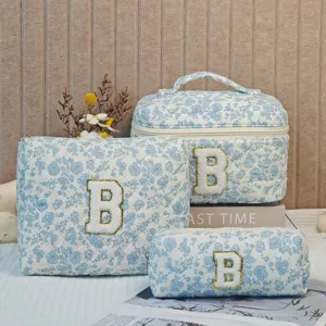 Floral quilted cotton makeup bag set with large embroidered B letter for travel