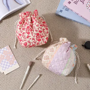 Korean Style Quilted Drawstring Makeup Bag Large Capacity Floral Printed Cosmetic Organizer Portable Travel Toiletry Storage Pouch For Women