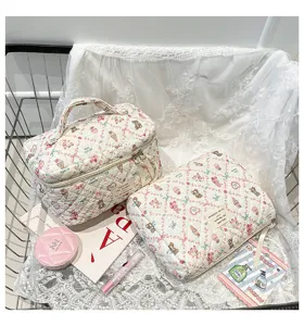 Detail view of Korean style quilted floral makeup bags with cute bear patterns